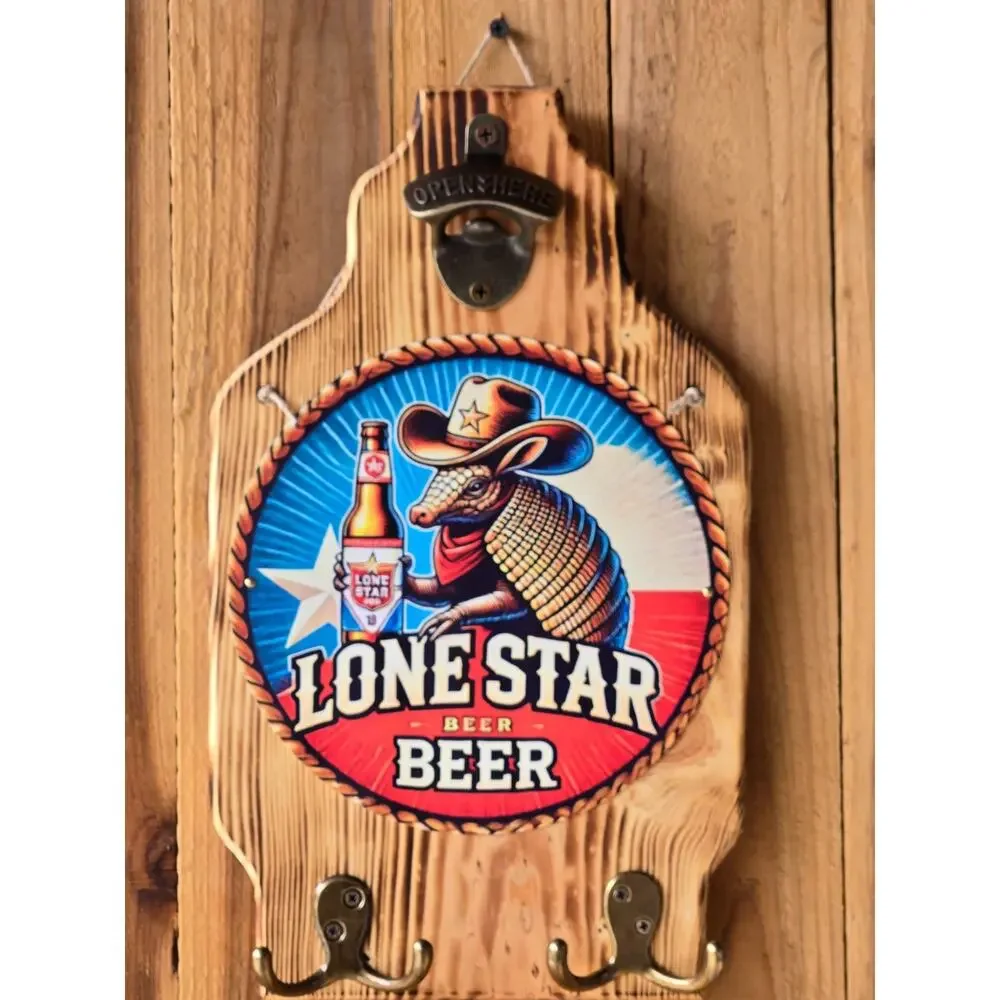 Lone Star Beer Wall Mount Plaque Vintage Look Solid Wood w Bottle Opener & Hooks